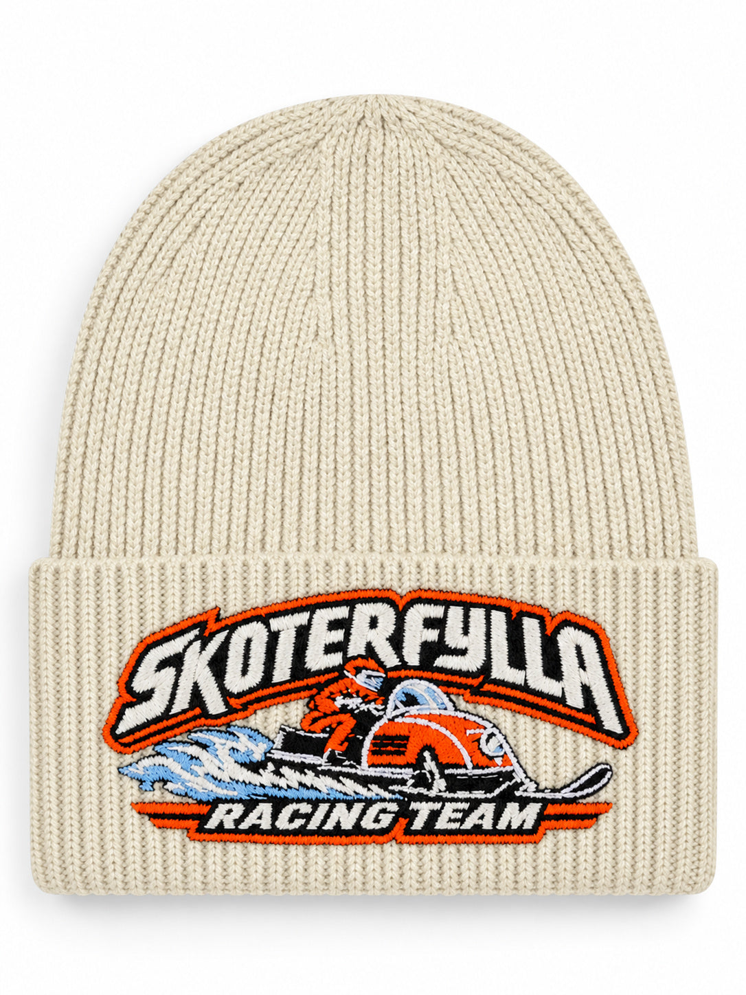 Detaljvy av Skoterfylla Racing Team på person