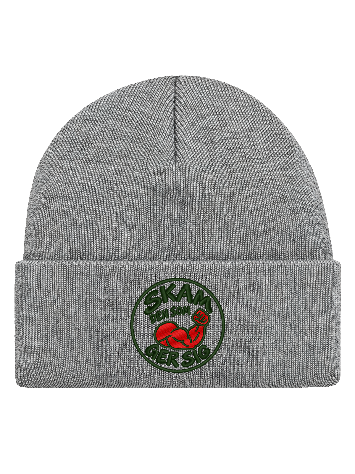 SKAM FRONT HCB-HGR-SKAM | Skam den som ger sig – Heather Grey Hatitude Cuffed Beanie | 5.92x5.92cm