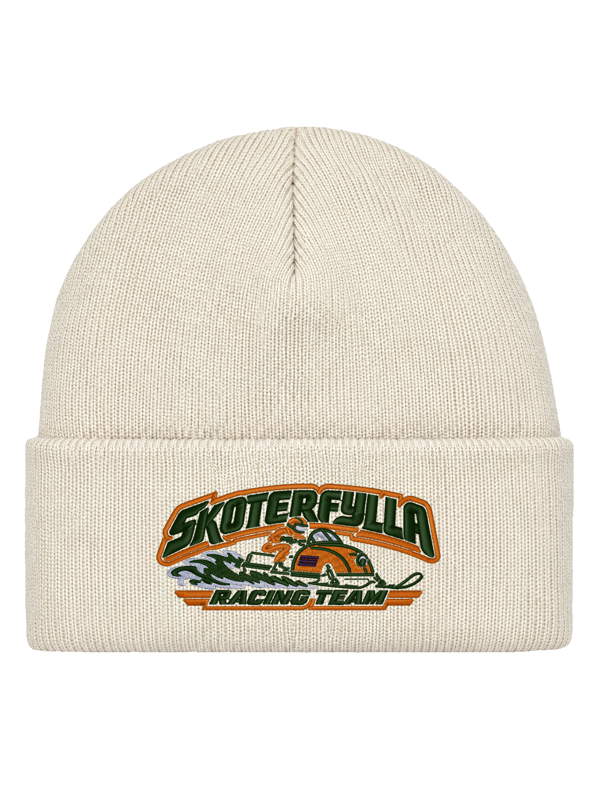 SRT FRONT HCB-OFW-SRT | Skoterfylla Racing Team – Offwhite Hatitude Cuffed Beanie | 10.56x4.70cm