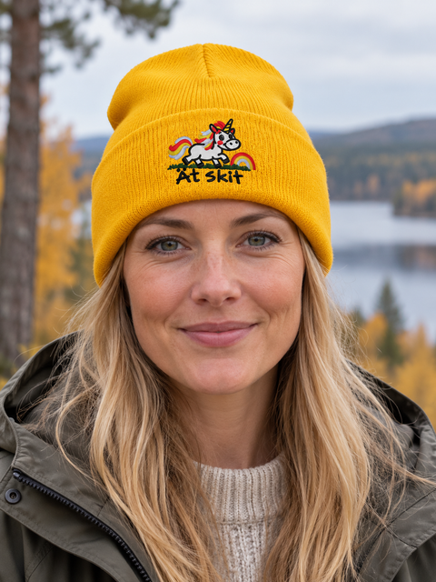 Ät skit – Hatitude Cuffed Beanie Gul på modell