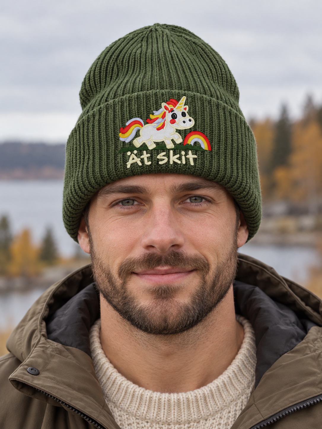 Ät skit – Hatitude Oversized Cuffed Beanie Oliv på modell