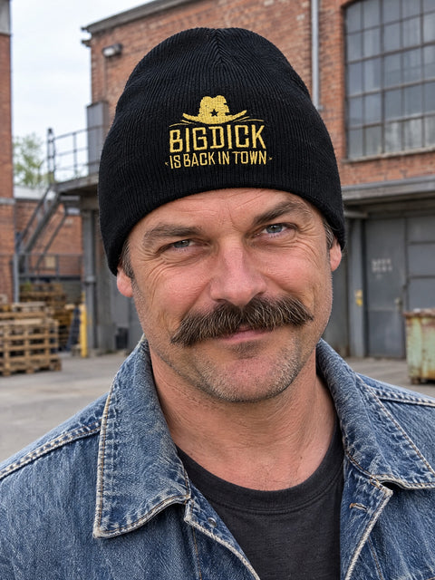 Big Dick Is Back In Town – svart Hatitude Beanie utan uppvik på person
