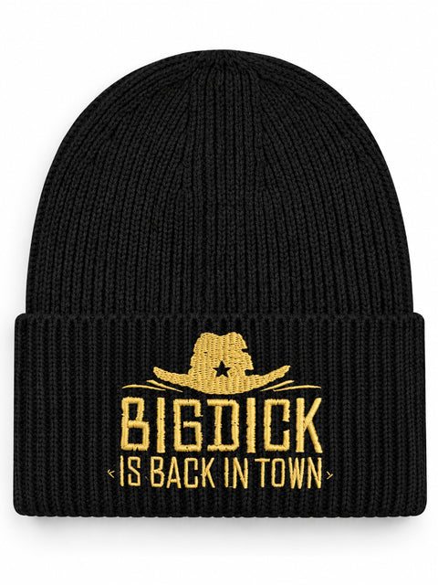Big Dick Is Back In Town – Hatitude Oversized Cuffed Beanie Svart, brodyr framifrån