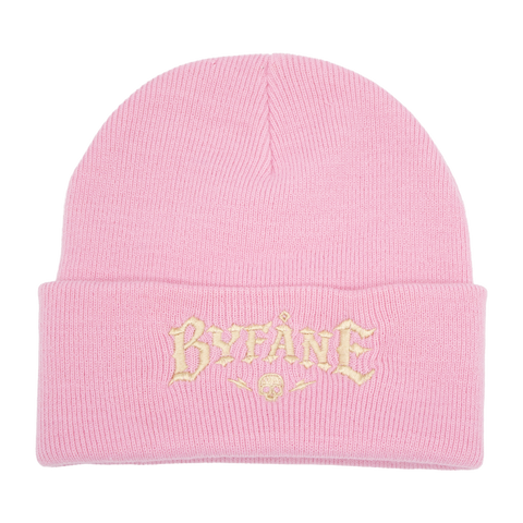 Byfåne lue i rosa med kremfärgad broderi