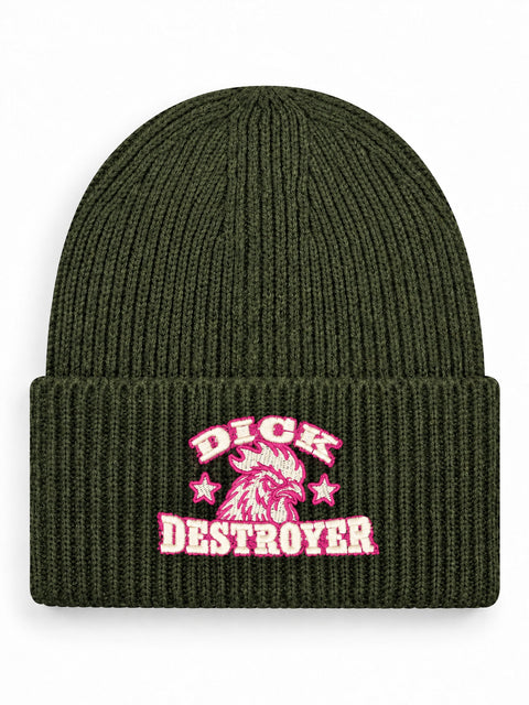 Dick Destroyer – Hatitude Oversized Cuffed Beanie Olivgrön, brodyr framifrån
