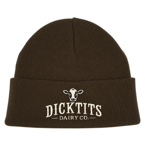 Dicktits Dairy Co. – brun Cuffed Beanie, produktmockup.