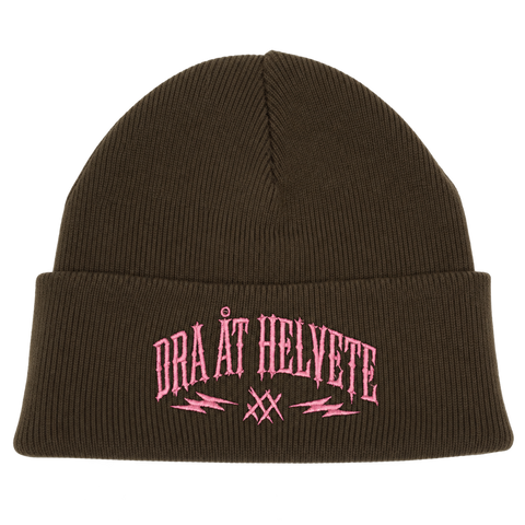 Dra åt helvete – brun Cuffed Beanie, produktmockup med samma brodyr som svart.