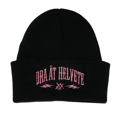 Svart Dra åt helvete-lue med rosa broderi