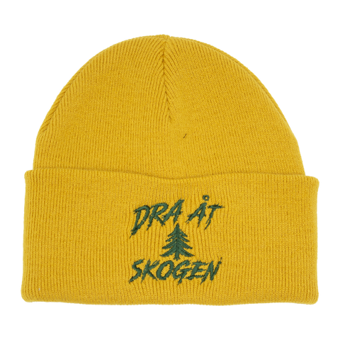 Dra åt skogen mössa i gul med grön brodyr