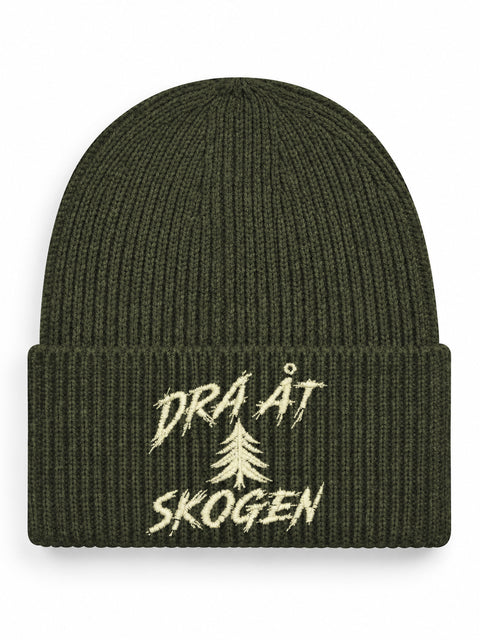 Dra åt skogen – Hatitude Oversized Cuffed Beanie Olivgrön, brodyr framifrån