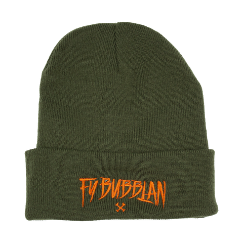 Fy bubblan – oliv Cuffed Beanie med orange brodyr