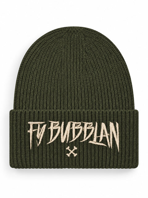 Fy bubblan – Hatitude Oversized Cuffed Beanie Olivgrön, brodyr framifrån