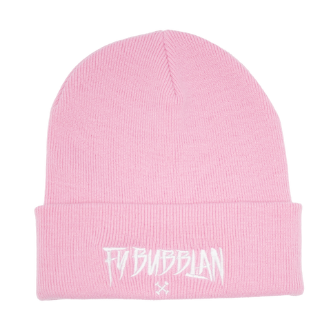 Fy bubblan – rosa Cuffed Beanie med hvitt broderi