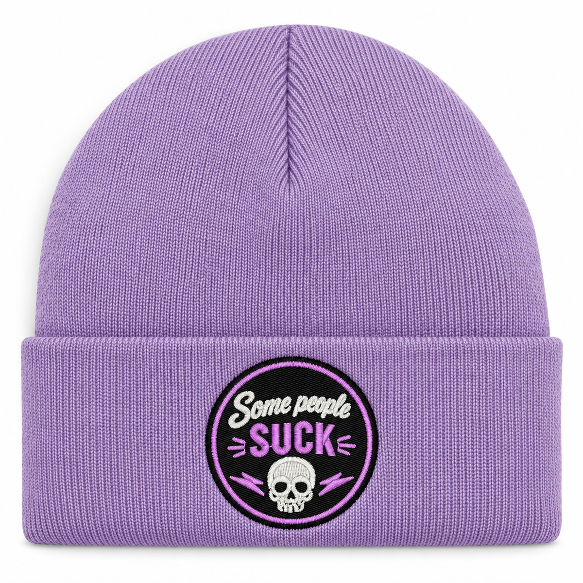 Some People Suck – Lavendel Hatitude Cuffed Beanie med direktbrodyr på vit bakgrund