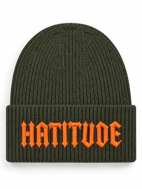 Hatitude – Hatitude Oversized Cuffed Beanie Olivgrön, brodyr framifrån