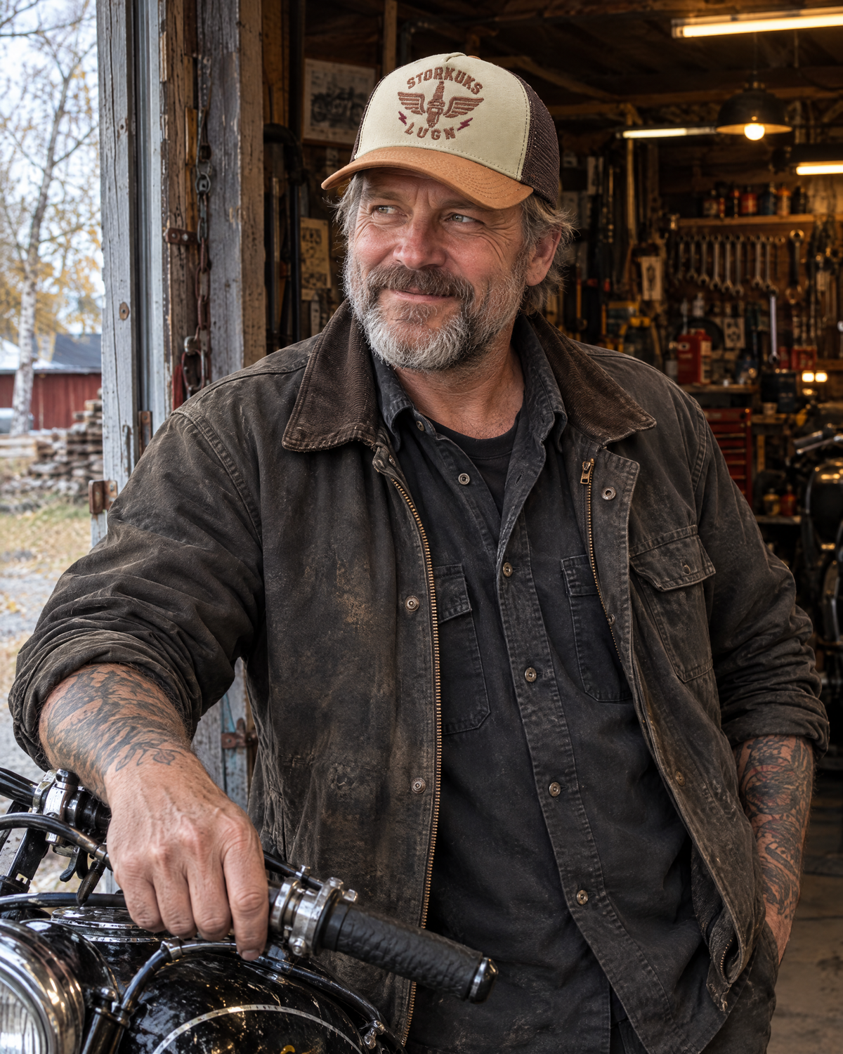 Man med Storkuks lugn-truckerkeps i en motorcykelverkstad.