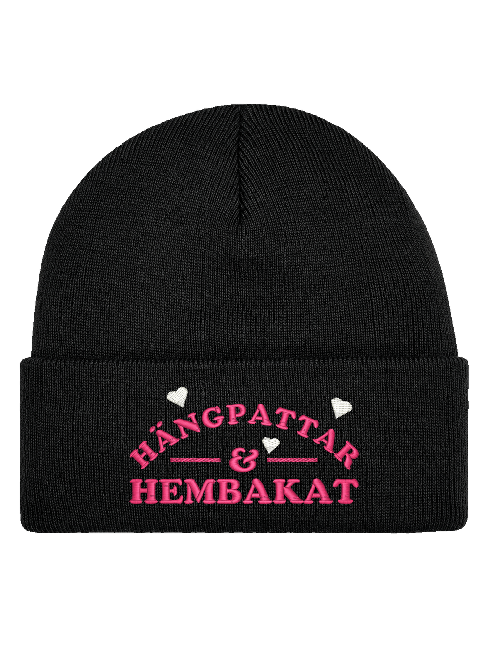 Hängpattar & Hembakat, svart Hatitude Cuffed Beanie. Transparent produktbild, brodyr 10,5 cm bred.