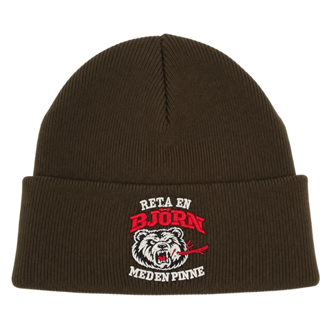 Reta en björn med en pinne – brun Cuffed Beanie, produktmockup med samma brodyr som svart.