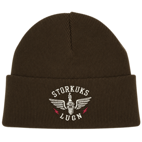 Storkuks Lugn – brun Cuffed Beanie, produktmockup.