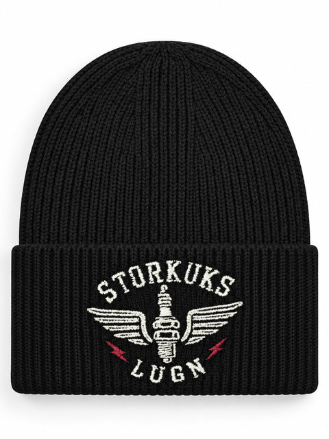 Storkuks Lugn – Hatitude Oversized Cuffed Beanie Svart, brodyr framifrån