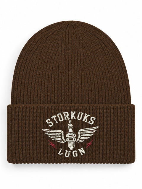 Storkuks Lugn – Hatitude Oversized Cuffed Beanie Valnöt, brodyr framifrån